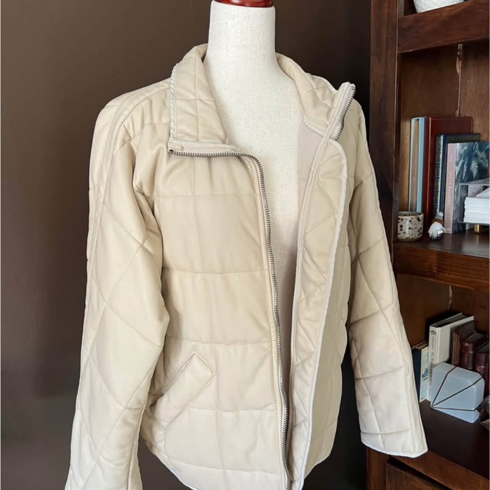 Free People Beige Vegan Leather Puffer Jacket